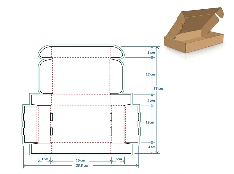 Packaging dieline drawing for a mailer box, with cut lines, crease lines and dimensions, beside a render of the finished box