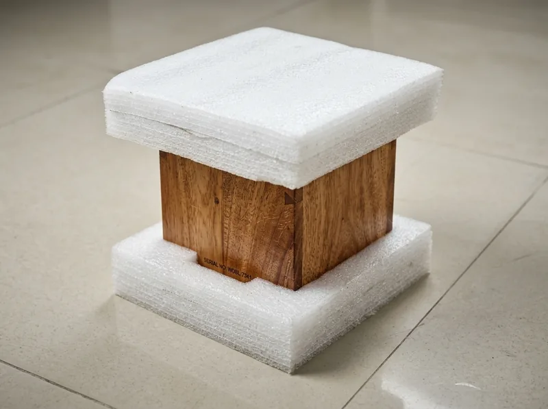 Wooden block cushioned by white foam pads at the top and bottom