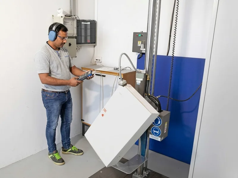 Technician in ear defenders and safety glasses beside a drop test machine holding a white box