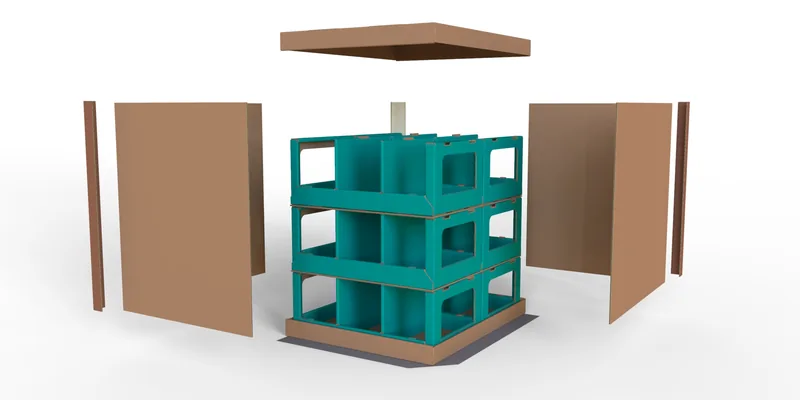 Exploded 3D render of a corrugated pallet display with teal trays, showing the base, side panels and lid