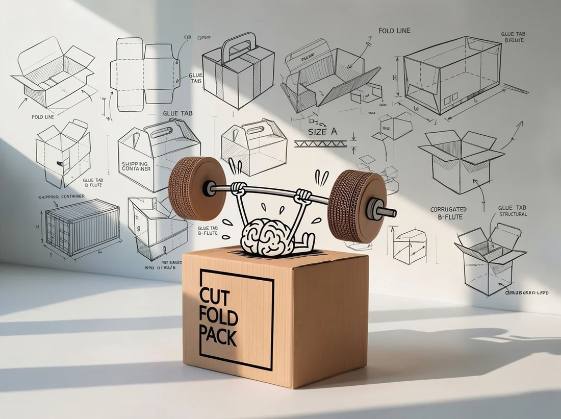 A cartoon brain lifting a barbell with cardboard weights on top of a Cut Fold Pack shipping box, with packaging sketches on the wall behind