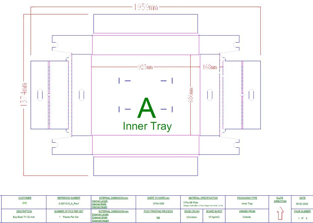 Packaging dieline drawing with dimensions, cut and crease lines and a specification table listing material, flute direction and dimensions