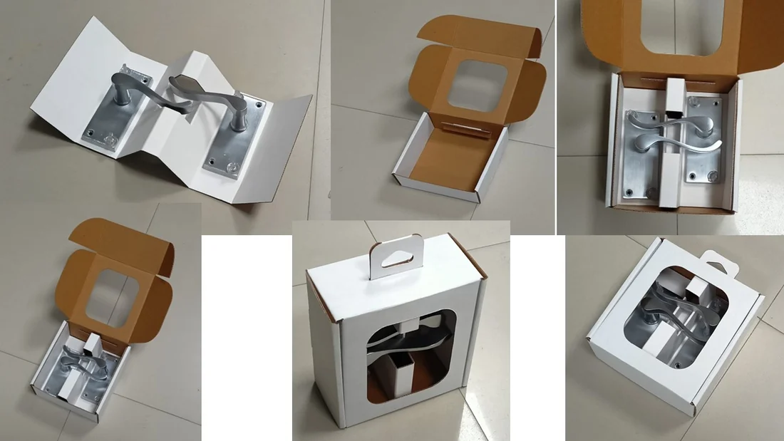 Six views of a white corrugated pack for a door handle set, with a window, a hang tab and a fold-out inner fitment