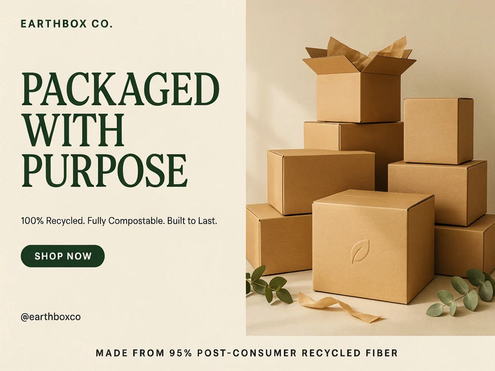 Sample social media post for a recycled corrugated box brand, with a headline, tagline and a stack of kraft boxes
