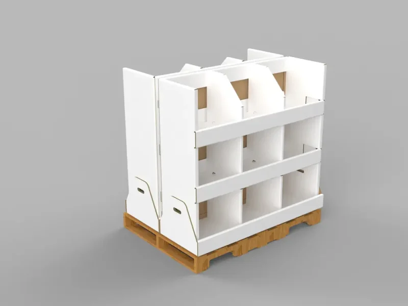 White corrugated 2-sided shoppable PDQ pallet display with nine open compartments on a wooden pallet