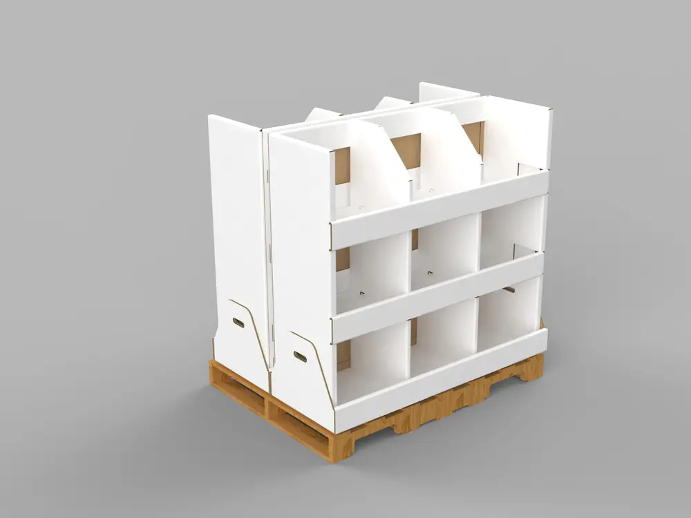 White corrugated 2-sided shoppable PDQ pallet display with nine open compartments on a wooden pallet