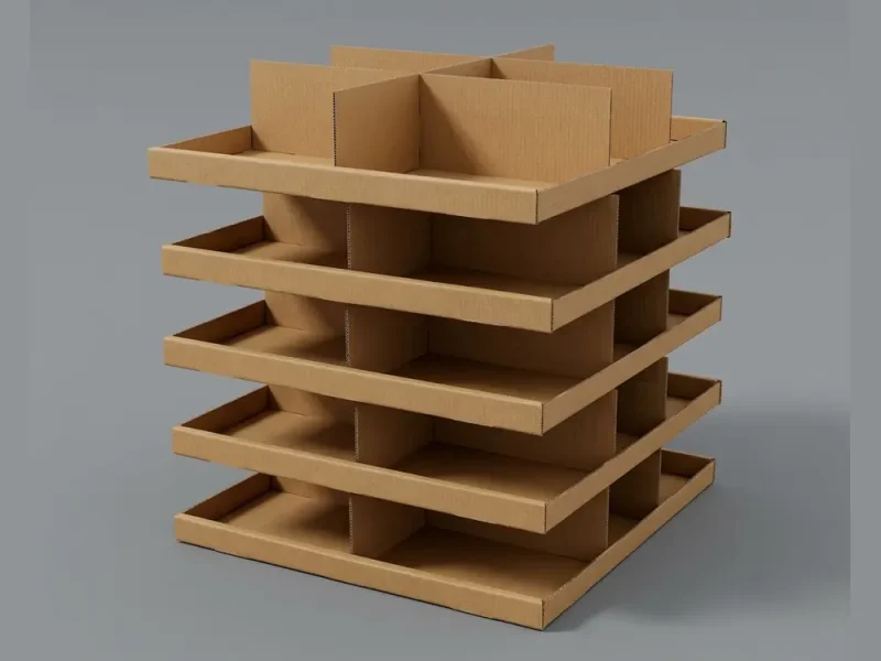 Kraft corrugated 4-sided PDQ display tower with five stacked trays around a divider core