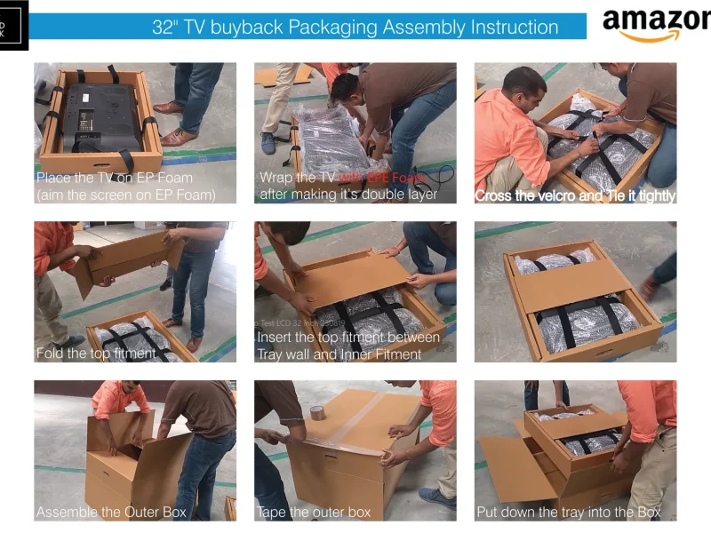 Nine-step assembly instruction sheet for a 32-inch TV buyback pack made for Amazon, showing the corrugated tray, EPE foam, velcro straps and outer box
