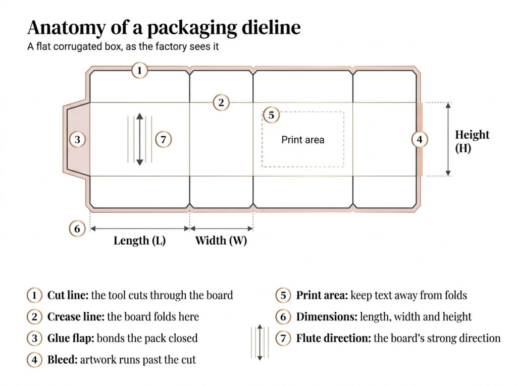 Labelled diagram of a flat corrugated box dieline showing the cut line, crease line, glue flap, bleed, print area, dimensions and flute direction
