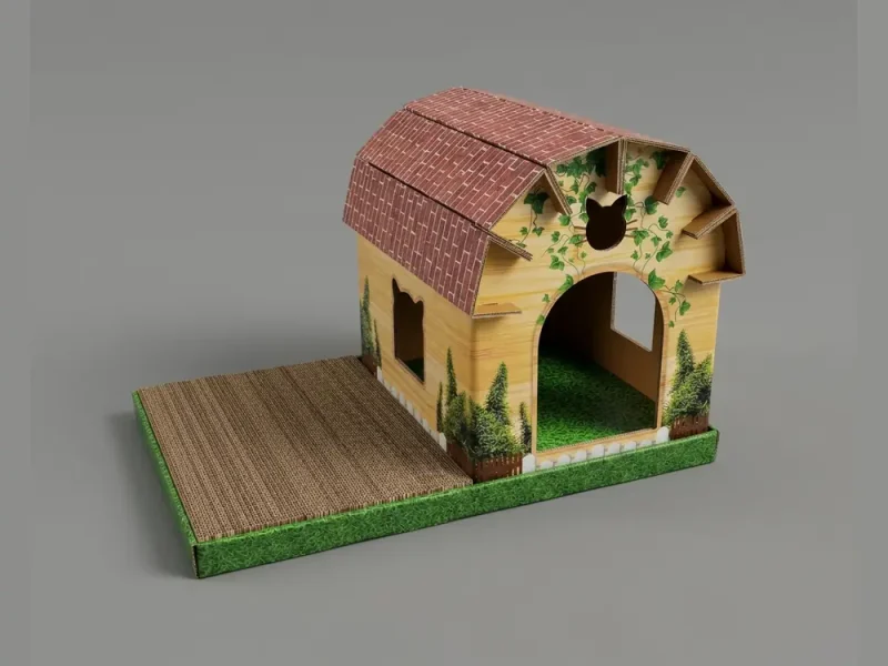 Printed cardboard cat house with a barn-style roof, cat-shaped window and an attached corrugated scratch pad