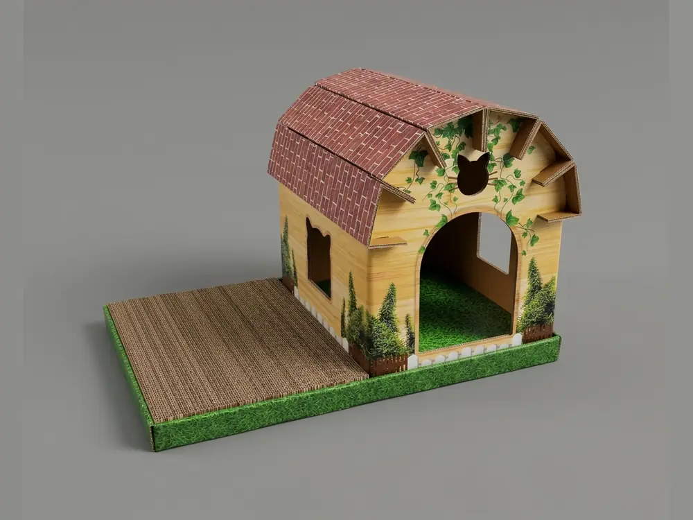 Printed cardboard cat house with a barn-style roof, cat-shaped window and an attached corrugated scratch pad