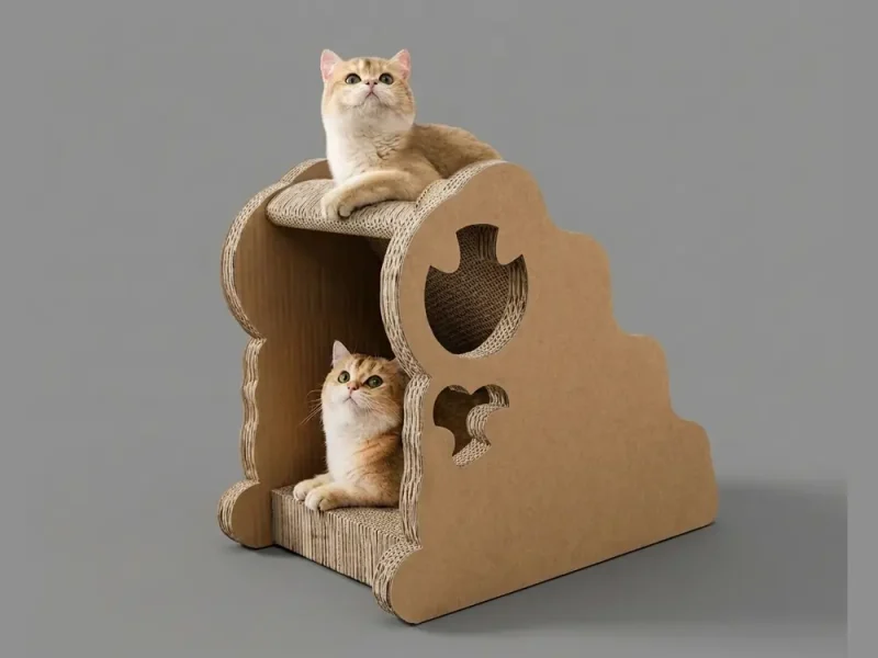 Two-level cardboard cat scratcher with corrugated scratch surfaces and cut-out windows, with two cats resting on it