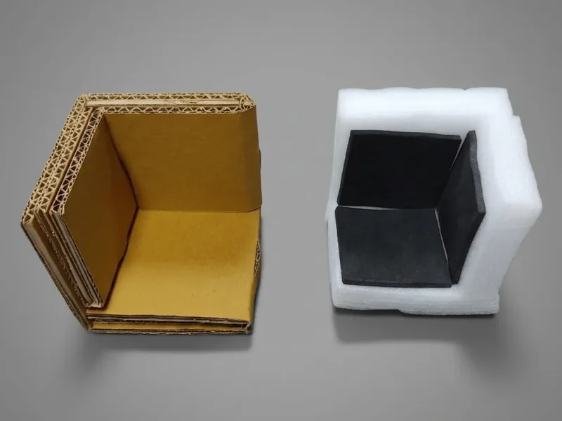 Multi-layer corrugated cardboard corner protector shown next to a white foam corner protector with a black foam liner