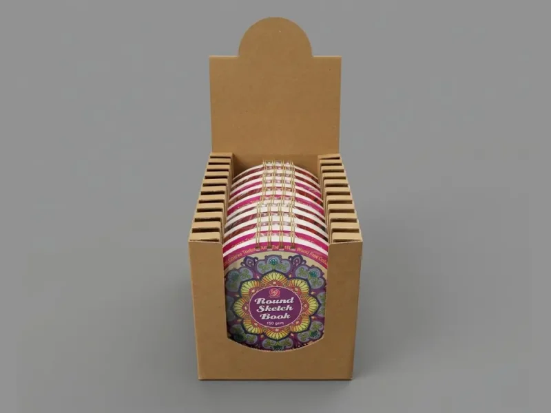 Kraft corrugated counter display unit with slotted sides holding round sketch books