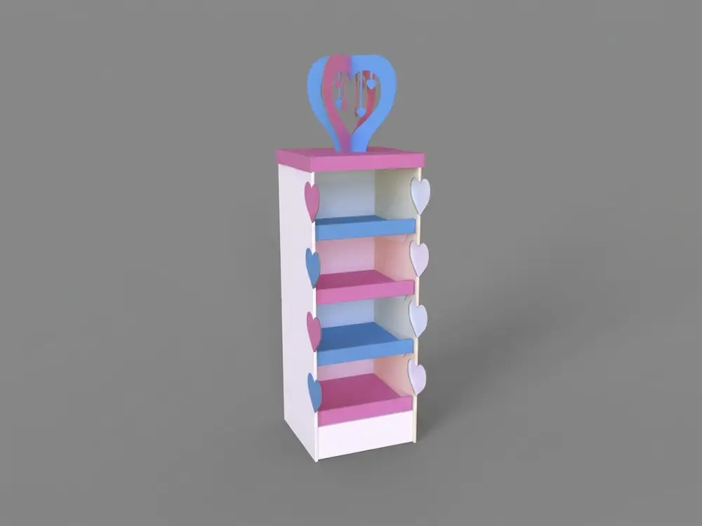Pink, blue and white cardboard floor standing display unit with four shelves and a heart-shaped header