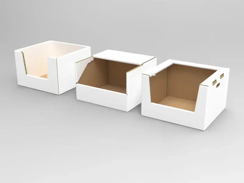 Three white corrugated PDQ trays with different front cut-out styles