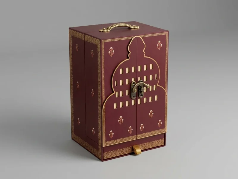 Maroon rigid gift box styled as a heritage cabinet, with gold borders, twin arched doors, a brass latch and handle, and a pull-out drawer