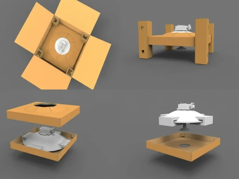 Four views of a corrugated shipping box with corner posts and die-cut top and bottom fitments suspending an electronic device