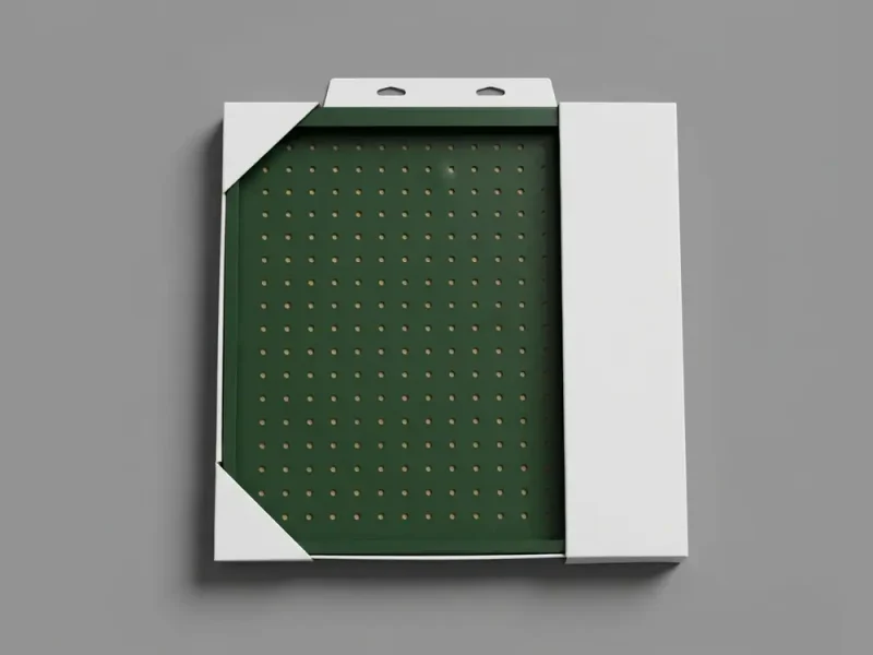 White board sleeve and corner-lock packaging with a hang tab for a green pegboard panel