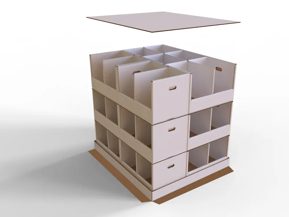 Full pallet of stacked white corrugated PDQ trays with a top cap, built for club retail stores