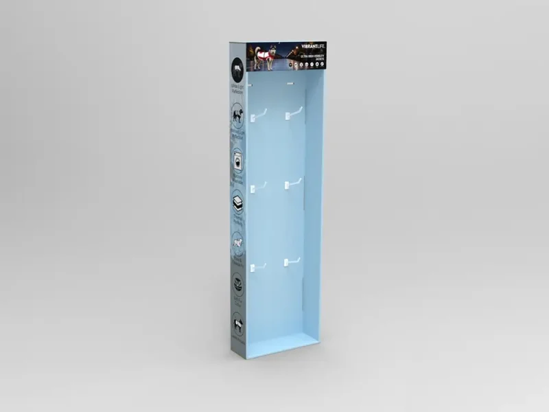 Tall side-mounted cardboard sidekick display with peg hooks and a printed header