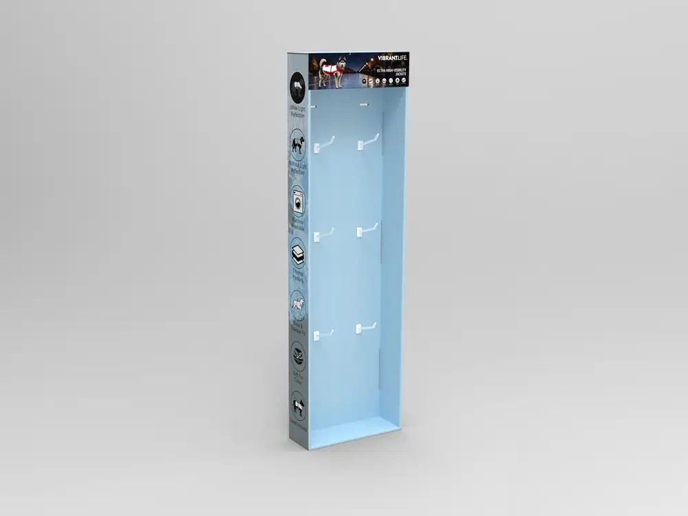 Tall side-mounted cardboard sidekick display with peg hooks and a printed header
