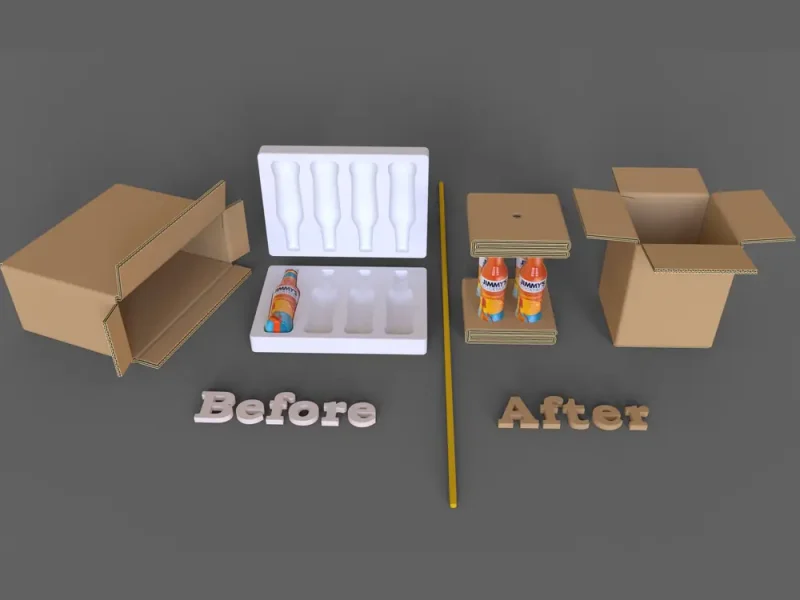 Before and after comparison of a bottle shipper, with a plastic tray replaced by corrugated cardboard fitments